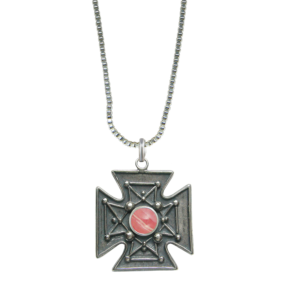 Sterling Silver Large Iron Cross Necklace With Rhodocrosite